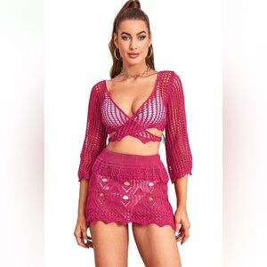 NWT No Label Size M Women’s Hollow Out Pink Coverup Skirt Set